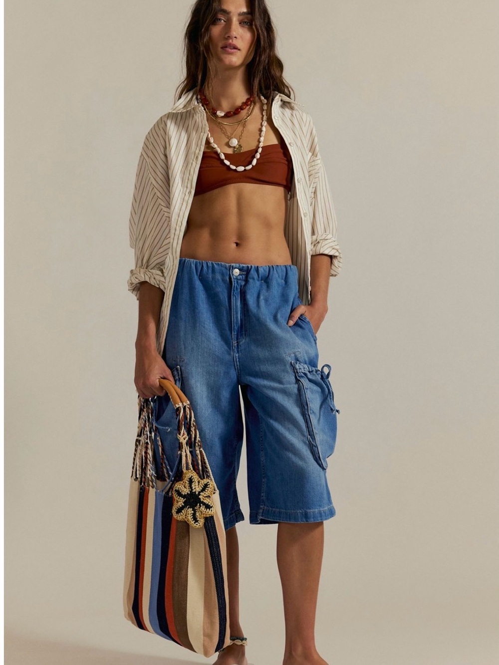 Free People Washed Blue Denim Cargo Bermudas
